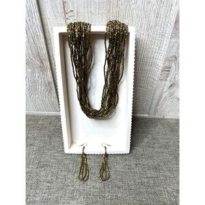 Gold Multi-Strand Beaded Necklace & Earrings Set With Adjustable Chain Closure